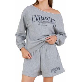 Amazhiyu Women's Graphic Pullover Off Shoulder Sweatshirt and Shorts 2 Piece Set