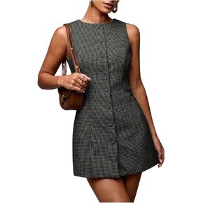 SOLY HUX Women's Plaid Button Down Dress Crew Neck Sleeveless Tie Back Work Office Mini Dresses