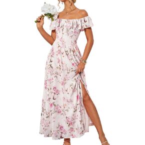 GRACE KARIN 2025 Womens Maxi Dresses Summer Off Shoulder Floral Dress Ruffle Split Beach Flowy Boho Wedding Guest Dress