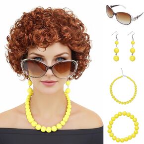 GNIMEGIL MRS ROPER COSTUME AUBURN CURLY CURLY WIG مع نظارات وقلادة وسوار وأقراط الجليد توابل الفتيات COSPLAY HALOWEEN
