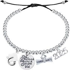 Infinity Collection Silver Stainless Steel Beaded Adjustable Bracelet with Graduation Charms – She Believed She Could So She Did, 2025 Graduate Cap & Diploma – Gift for Graduates
