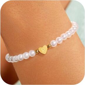 BAYLAY Pearl Initial Bracelet for Women - 18K Gold Plated Heart Letter A-Z Initial Bracelet for Teen Girls Pearl Bracelets for Women Dainty Gold Bracelet Flower Girl Gifts Bridesmaid Proposal Gifts