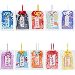 WEBEEDY 10 Styles Japanese Omamori Amulet Good Luck Hanging Sachet Handmade Traditional Japanese Charms Luck Pendant for Study Love Success Traffic Safety Wealth(Assorted Color)