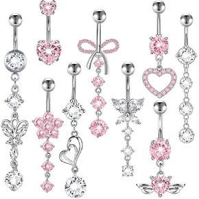 9Pcs Belly Button Ring Pink White Surgical Stainless Steel Bow Butterfly Heart Flower Navel Ring Belly Piercing for Women