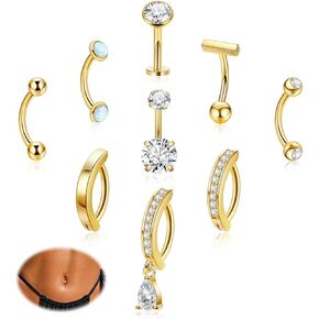 14G 9Pcs Surgical Steel Petite Belly Ring for Women Shiny CZ Clicker Belly Button Ring Hypoallergenic Curved Barbell Navel Ring Simple Floating Belly Piercing Jewelry Pack