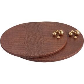 Serving Tray, Large Wooden Crocodile Leather Round Tray with Beads, Decorative Trays Ottoman Decor Platter Coffee Table Trays for Home Decor, Set of 2, Black in Kuwait