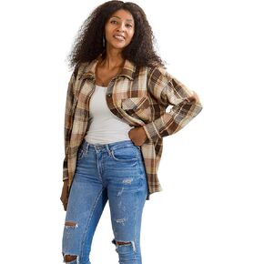 Flannel Shacket Women Casual Button Down Plaid Shirt Jacket Wool Blended Oversize Shirts Pea Coat Loose Fit