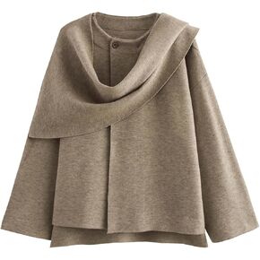 Kissonic Women's Oversized Scarf Jacket Shawl Wraps Knit Long Sleeve Button Winter Peacoat(LightKhaki-L)