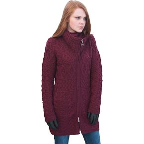 Aran Crafts Women's Irish Cable Knitted Double Collar Coat (100% Merino Wool)