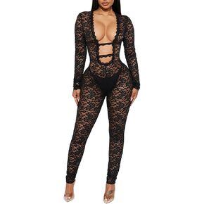 Magorange Women Sexy Lace See من خلال Bodycon Plestuits Deep v Neck Long Longe Piece One Romper Club Outfits