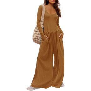Yanekop Womens Overalls Loose Fit Long Sleeve Wide Leg Jumpsuit Dressy One Piece Casual Rompers Outfits Vacation Clothes