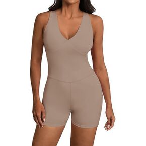 Fisoew Womens One Piece Workout Jumpsuits V Neck Sleeveless Tummy Control Cross Back Gym Yoga Romper with Pockets&Bra