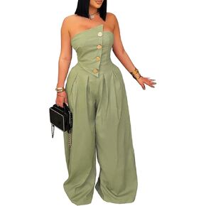 LETSVDO Women's Strapless Tube Top Jumpsuit Dressy Wide Leg Cargo Asymmetrical Metal Button Pleated Party Pant Romper