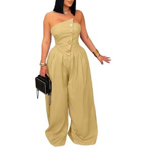LETSVDO Women's Strapless Tube Top Jumpsuit Dressy Wide Leg Cargo Asymmetrical Metal Button Pleated Party Pant Romper in Kuwait