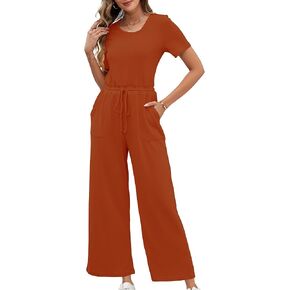 Gardenwed Women's Short Sleeve Jumpsuit, Casual Wide Leg Drawstring Waist Romper with Pockets