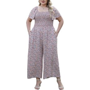 Nemidor Womens Plus Size Casual Long Pant Jumpsuits Summer Print Ruffle Sleeve Smocked Waisted Romper with Pocket 16-26