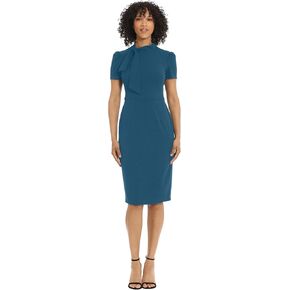 Maggy London Women's Midi Short Sleeve Sheath with Neck Tie Career Office Work Wear, Deep Lagoon
