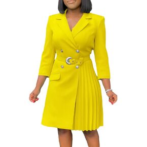 SOMTHRON Women's Lapel Double Breasted Blazer Dress V Neck 3/4 Sleeve Pleated Business Midi Dress with Belt