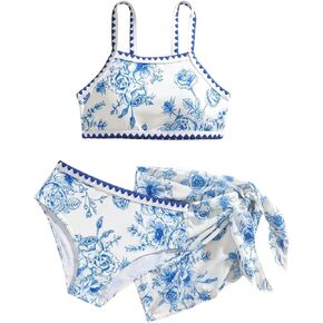 Milumia Girl's 3 Piece Swimsuit Floral Print Spaghetti Strap Swimwear with Beach Sarongs