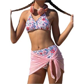 OYOANGLE Girl's 3 Piece Swimsuits Floral Print Halter Triangle Bikini Set with Cover Up Cute Swimwear