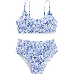 Girl's Two Piece Set Shirred Porcelain Print Bikini Set High Waisted Swimsuit Bathing Suit