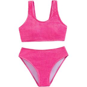 Girl's 2 Piece Smocked Swimsuit Scoop Neck High Waisted Bathing Suit Beachwear