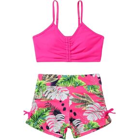 Floerns Girl's Tropical Print Shorts Swimsuit Ruched Beach Two Piece Bikini Set