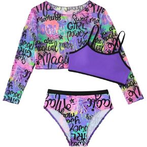 Girl's 3 Piece Colorful Bikini Swimwear Letter Graphic Bathing Suit with Long Sleeve Rashguard Shirts