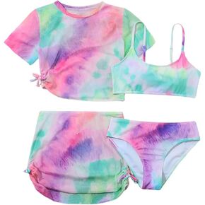 Girls Swimsuit 4 Piece Bathing Suits Tie Die Bikini Set Kids Girls' Swimwear with Cover Up Skirt for 6-14Y
