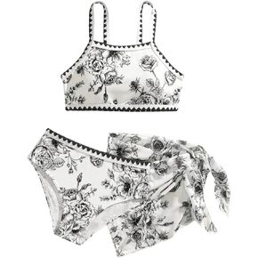 OYOANGLE Girl's 3 Piece Boho Floral Bikini Swimsuit with Knot Side Beach Skirt Cover Up Bathing Suits