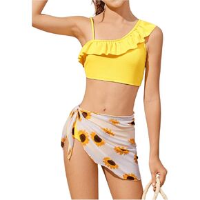SweatyRocks Girl's 3 Piece Swimsuit Ruffle Asymmetrical Bikini Set High Waisted Bathing Suit with Beach Cover Up Skirt