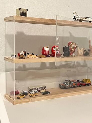 Clear Acrylic Display Shelf Case for Mini Funko Pop, Wooden Display Stand Riser 2 Layer Storage Rack for POP MART The Monsters Lazy Yoga Action Figures Collectibles Toys, 15.55" W x 3.78" D x 10.8" H in Saudi Arabia
