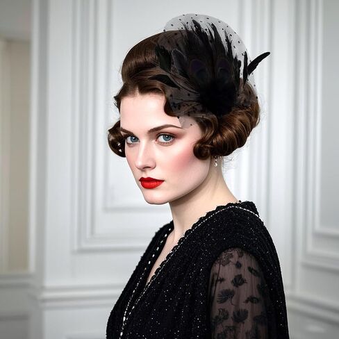 Fumwase 1920s Feather Headpiece Flapper Headband Great Hair Clip 20s Fascinator Hair Accessories for Women (US, Alpha, One Size, Black) in Saudi Arabia
