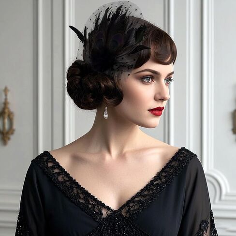 Fumwase 1920s Feather Headpiece Flapper Headband Great Hair Clip 20s Fascinator Hair Accessories for Women (US, Alpha, One Size, Black) in Saudi Arabia