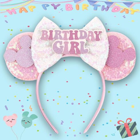 Glitter Sequin Birthday Girl Mouse Ears Bow Headband Hair Bands in Kuwait