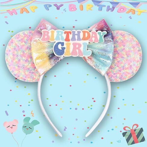 Glitter Sequin Birthday Girl Mouse Ears Bow Headband Hair Bands in Kuwait
