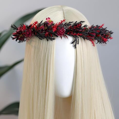 MOSTORY Black Gothic Flower Crown - Dark Floral Fairy Headpiece with Feather for Women Goth Wedding Witch Aesthetic Cosplay in Saudi Arabia