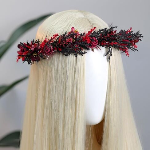 MOSTORY Black Gothic Flower Crown - Dark Floral Fairy Headpiece with Feather for Women Goth Wedding Witch Aesthetic Cosplay in Saudi Arabia