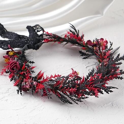 MOSTORY Black Gothic Flower Crown - Dark Floral Fairy Headpiece with Feather for Women Goth Wedding Witch Aesthetic Cosplay in Saudi Arabia