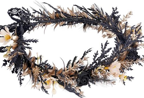 MOSTORY Black Gothic Flower Crown - Dark Floral Fairy Headpiece with Feather for Women Goth Wedding Witch Aesthetic Cosplay in Saudi Arabia
