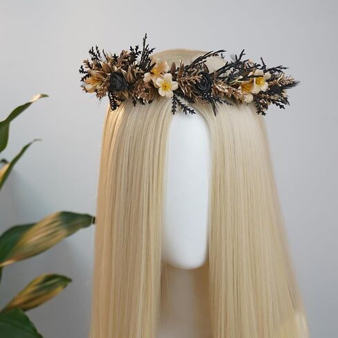 MOSTORY Black Gothic Flower Crown - Dark Floral Fairy Headpiece with Feather for Women Goth Wedding Witch Aesthetic Cosplay in Saudi Arabia