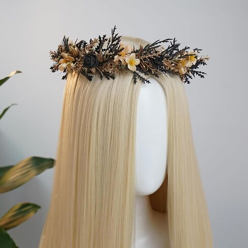 MOSTORY Black Gothic Flower Crown - Dark Floral Fairy Headpiece with Feather for Women Goth Wedding Witch Aesthetic Cosplay in Saudi Arabia