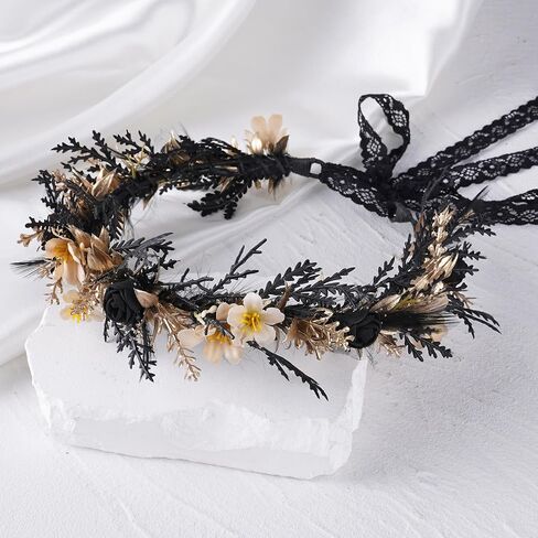 MOSTORY Black Gothic Flower Crown - Dark Floral Fairy Headpiece with Feather for Women Goth Wedding Witch Aesthetic Cosplay in Saudi Arabia