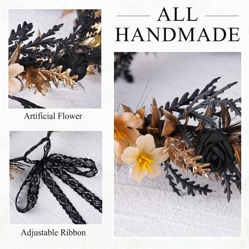 MOSTORY Black Gothic Flower Crown - Dark Floral Fairy Headpiece with Feather for Women Goth Wedding Witch Aesthetic Cosplay in Saudi Arabia