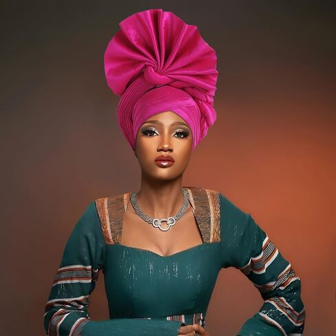 Elegant Polyester African Headscarf-Stretchable Traditional Nigerian Wedding Headpiece, Automatic Gurler Style Fan Headscarf in Kuwait