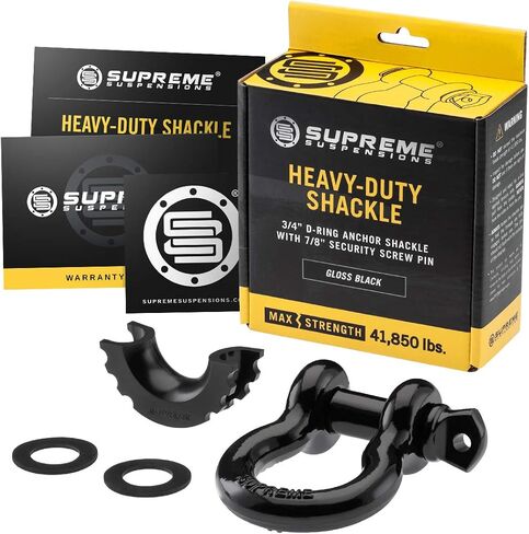 Supreme Suspensions Off-Road Recovery Gear - Heavy-Duty 3/4" D-Ring Shackle with 7/8" Screw Pin & Isolators (1pc Black) - 41,850lbs MAX Break Strength - Mystery Box Included with Purchase in Saudi Arabia