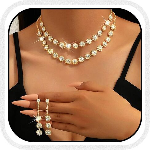 Aukmla Rhinestones Bridal Wedding Jewelry Sets Crystal Layered Choker Necklace Earrings Set Prom Formal Jewelry for Women in Saudi Arabia