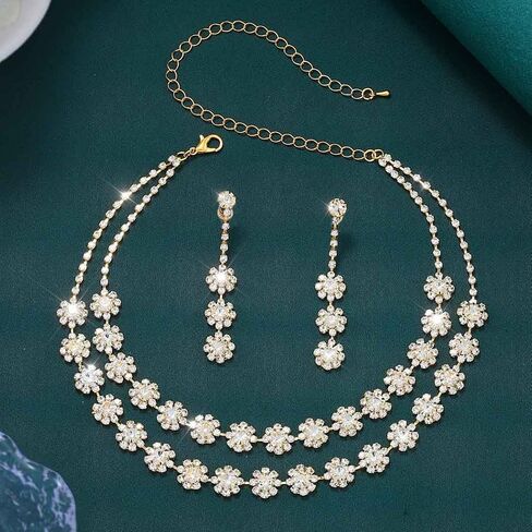 Aukmla Rhinestones Bridal Wedding Jewelry Sets Crystal Layered Choker Necklace Earrings Set Prom Formal Jewelry for Women in Saudi Arabia
