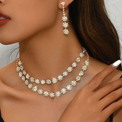 Aukmla Rhinestones Bridal Wedding Jewelry Sets Crystal Layered Choker Necklace Earrings Set Prom Formal Jewelry for Women in Saudi Arabia
