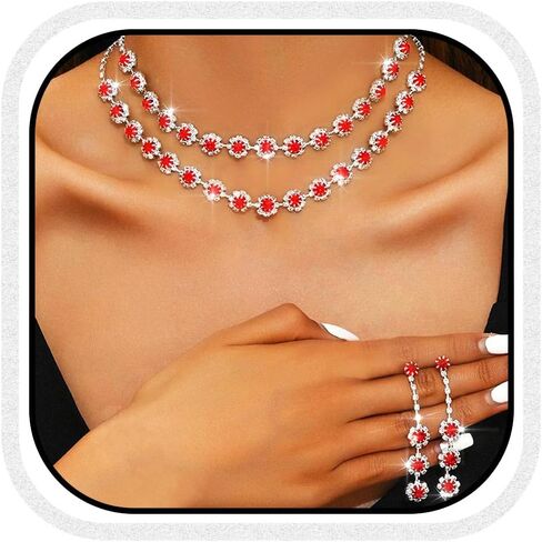 Aukmla Rhinestones Bridal Wedding Jewelry Sets Crystal Layered Choker Necklace Earrings Set Prom Formal Jewelry for Women in Saudi Arabia